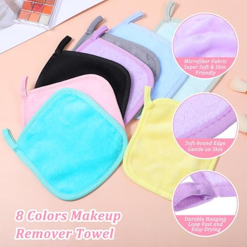 48 Pcs Reusable Makeup Remover Pads Cloths, Soft Microfiber Makeup Towels and Eraser, 8 Colors Facial Cleansing Washable Towels for Face, Hands, Bathroom (5.5 x 6.3 Inch)