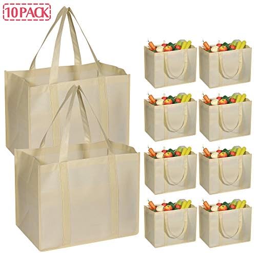 DIOMMELL 10 Pack Reusable Grocery Bags Extra Large Super Strong Heavy Duty Shopping Tote Bags with Reinforced Handles, Beige