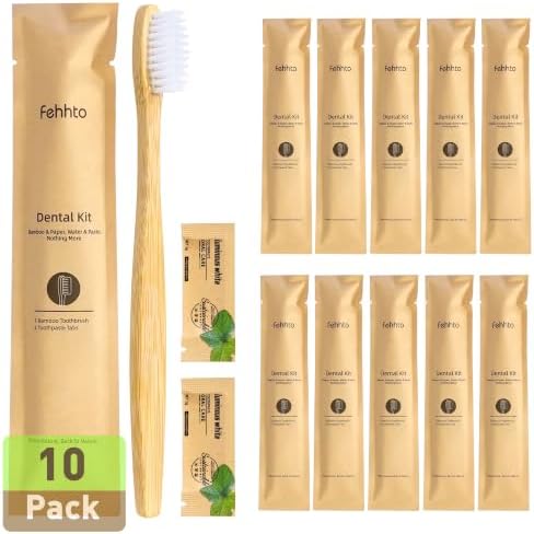10 Pack Bamboo Toothbrushes Kit, Disposable Travel Toothbrushes with Toothpaste (6g), Individually Wrapped Guest Dental Kit for Hotel Amenities, Airbnb Hosts, Travel & Camping