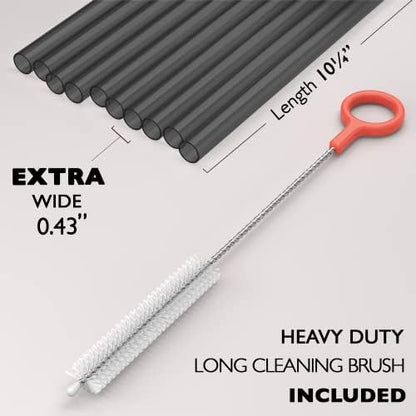 Fiesta First 10 EXTRA WIDE Long Reusable Black Hard Plastic Drinking Straws + Cleaning Brush - Fat Thick Large Jumbo Straws for Smoothies and Milkshakes - Black - Dishwasher Safe BPA Free