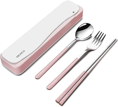 DEVICO Travel Utensils with Case, 4Pcs Portable Silverware Set for Work, 18/8 Stainless Steel Reusable Cutlery, Korean Spoon and Chopsticks Fork for Camping, School, Lunch Box Accessories (Pink)