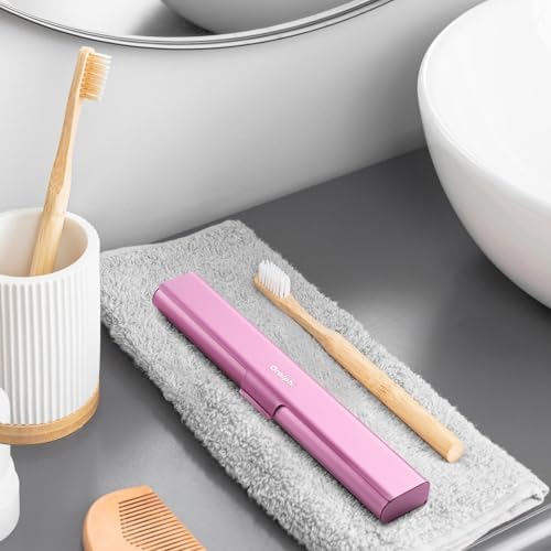 Aluminum Toothbrush Travel Case, Portable Travel Toothbrush Holder, Durable Manual Toothbrush Box Container for Traveling, Bathroom, Camping, Business Trip-Pink