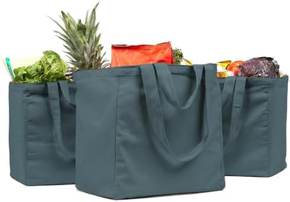 VeraMia Canvas Grocery Bag 3pc XL Set with Real Pockets, Long Shoulder Strap and Short Handle. Heavy Duty, Foldable, Washable