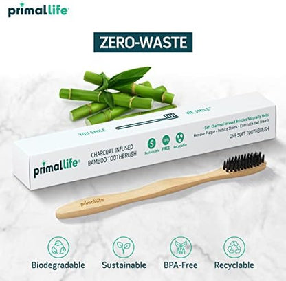 Primal Life Organics - Charcoal Toothbrush, Made with Charcoal & Bamboo, Biodegradable, BPA-Free, Perfect for Kids & Adults, Recyclable, Gently Massages Gums & Teeth, Zero Waste Toothbrush, (2-Pack)