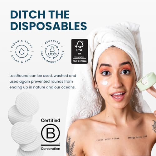 LastRound Reusable Makeup Remover Pads - 7 Washable Eco-Friendly Reusable Cotton Rounds for Face - Sustainable & Soft Cotton Face Pads for Facial Cleansing & Eye Makeup Removal - Travel Storage Case