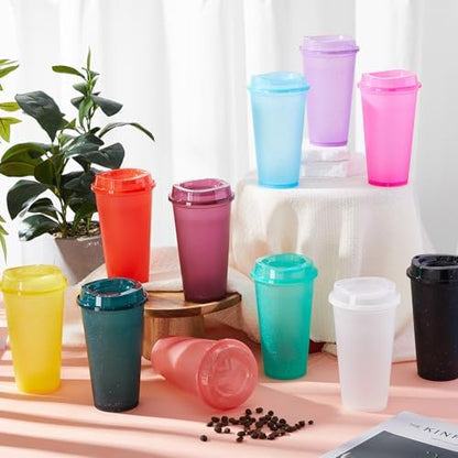 FillTouch 12 Pcs 16 oz Reusable Coffee Cups with Lids, Glitter Rainbow