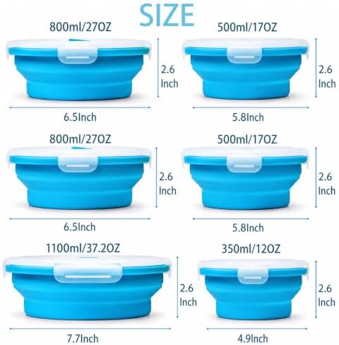 Plus 6PCS Foldable Silicone Food Storage Containers for Kitchen Storage for Leftovers Fruits and Meal Prep Dishwasher Safe Microwave Safe Ideal for Home and Travel (blue, round)