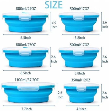 Plus 6PCS Foldable Silicone Food Storage Containers for Kitchen Storage for Leftovers Fruits and Meal Prep Dishwasher Safe Microwave Safe Ideal for Home and Travel (blue, round)