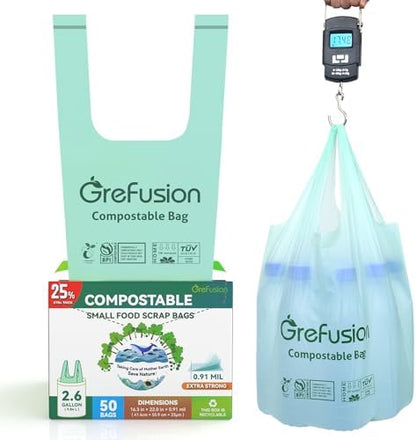 Compostable Trash Bags with handle-tie,Garbage Bags, 2.6 Gallon,Food Waste Bags,Small trash bags for compost bin kitchen,Certified by BPI and OK Compost (2.6G-50count)