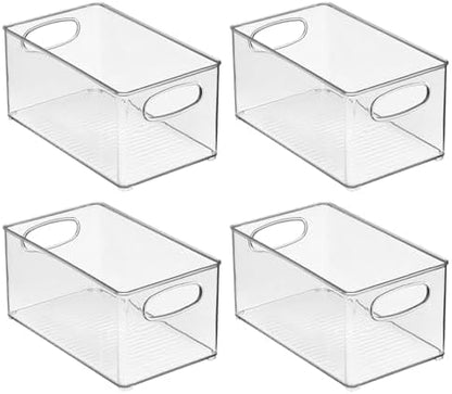 mDesign Plastic Home Closet Organizer - Basket Storage Holder Bin w/ Handles for Bedroom, Bathroom, Cabinet Shelves, Entryway, and Hallway - Holds Sweaters, Purses - Ligne Collection - 4 Pack - Clear