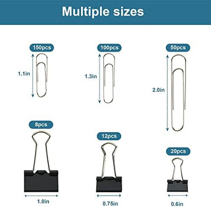 Assorted Size Binder Clips & Jumbo Paper Clips Set - 340pcs Black, Large for Office & School Supplies, in Container with Compartments