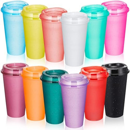 FillTouch 12 Pcs 16 oz Reusable Coffee Cups with Lids, Glitter Rainbow