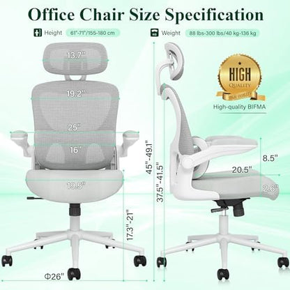 SUNNOW Ergonomic Office Chair, Comfy Mesh Desk Chair, High Back Computer Gaming Chairs with Adjustable Lumbar Support, Flip-Up Arms, Headrest, Tilt Function, Wide Cushion, Swivel Rolling Wheel (Grey)