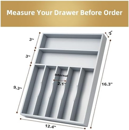 Bamboo Silverware Holder Drawer Utensil Organizer with 7 Slots Gray