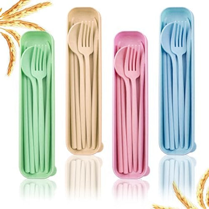 4 Sets Reusable Utensils Set with Case,Camping Cutlery Set Travel Silverware Set with Case Lunch Utensils Set for Work,Utensil Sets for Lunch Picnic Daily Use Outdoor (COLOR A)