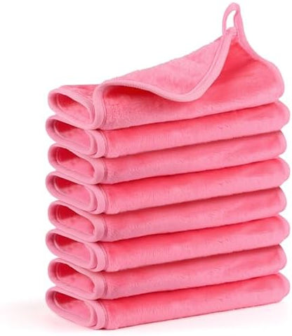 Reusable Makeup Remover Cloths 8 Pack, Ultra Soft Microfiber Facial Cleansing Cloths, Washable Makeup Remover Towels for All Skin Types,13x7 inch,Pink