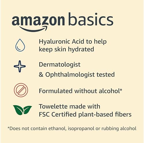 Amazon Basics Makeup Remover Wipes, Gentle Cleansing, Dermatologist Tested, Hydrating with Hyaluronic Acid, Plant Based, Alcohol-Free, Removes Waterproof Mascara, Facial Cleansing, 25 Count