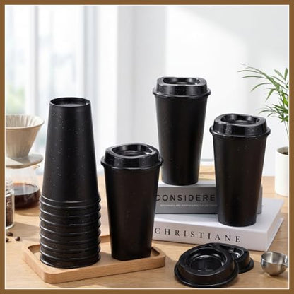 Honeydak 45 Pack 16 oz Reusable Coffee Cups with Lids Water Bottle Iced Coffee Travel Mug Portable Plastic Tea Tumblers Bulk for Hot and Cold Drinks Birthdays Party (Black,Stylish)