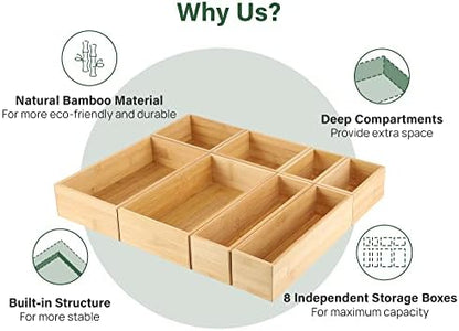 Kootek 8Pcs Bamboo Drawer Organizer 4-Size Kitchen Storage Box for Flatware