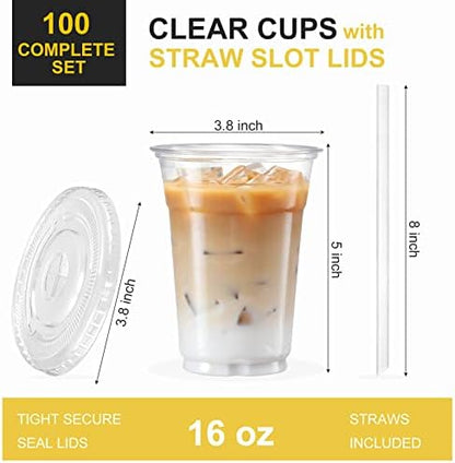 VITEVER [100 Sets - 16oz Clear Plastic Cups with Lids and Straws, Disposable Iced Coffee Cups for Smoothie, Milkshake, Cold Drinks - BPA free (Pack of 2)