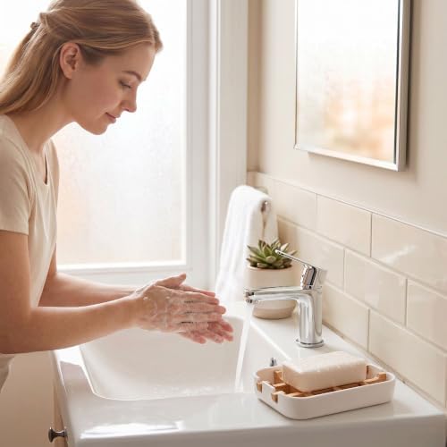 Bamboo Fiber Soap Holder and Soap Dish Combination, Removable Drainage Rack Bar Soap Tray for Bathroom Sink Deck, Bathtub, Shower & Kitchen (White, 1 Pack)