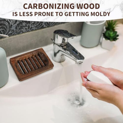 2 Pack Wooden Soap Holder - Integrated Self Draining Soap Dish for Shower with Slotted, Sturdy Wooden Soap Tray for Sink, Bathtub and Kitchen