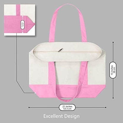 TOPDesign 30-Pack Canvas Tote Bags with an External Pocket, Reusable Grocery Shopping Bags, Top Zipper Closure, Daily Essentials (Pink/Natural)