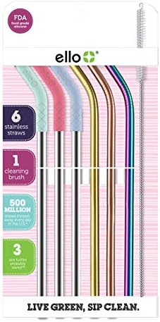 Ello Impact 6 Pack Reusable Metal Straws with Silicone Tips Made from Stainless Steel, Dishwasher Safe, BPA-Freewith Cleaning Brush, Summer Glow