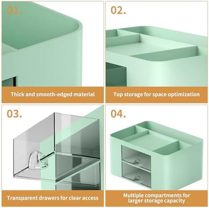 Marbrasse Pen Organizer with 2 Drawer, Multi-Functional Pencil Holder for Desk, Desk Organizers and Accessories with 5 Compartments + Drawer for Office Art Supplies (Green)