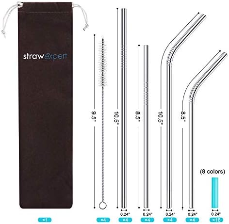 StrawExpert Set of 16 Reusable Stainless Steel Straws with Travel Case Cleaning Brush Silicone Tips Eco Friendly Extra Long Metal Straws Drinking for 20 24 30 oz Tumbler, Silver