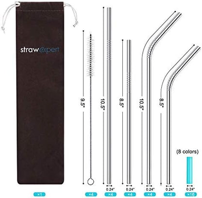 StrawExpert Set of 16 Reusable Stainless Steel Straws with Travel Case Cleaning Brush Silicone Tips Eco Friendly Extra Long Metal Straws Drinking for 20 24 30 oz Tumbler, Silver
