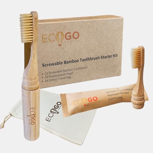 Screwable Bamboo Toothbrush Kit – Travel Toothbrush with Replacement Head & Cotton Storage Bag – Eco-Friendly, Compact, and Perfect for On-the-Go