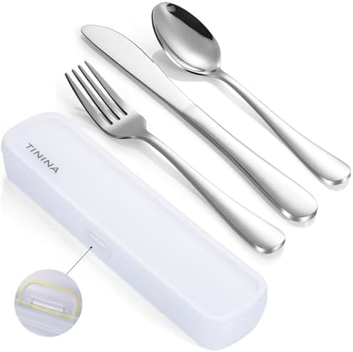 Travel Utensils with Case, 4-Piece Stainless Steel Portable Cutlery Set, Reinforced Case with Buckle Design, Lunch Box for Camping Work School, Include Fork Spoon Knife, Dishwasher Safe, Silver