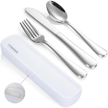 Travel Utensils with Case, 4-Piece Stainless Steel Portable Cutlery Set, Reinforced Case with Buckle Design, Lunch Box for Camping Work School, Include Fork Spoon Knife, Dishwasher Safe, Silver