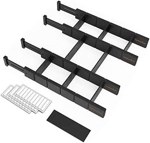 SpaceAid Bamboo Drawer Dividers with Inserts and Labels, Kitchen Adjustable Drawer Organizers, Expandable Organization for Home, Office, Dressers, 4 Dividers with 9 Inserts (17"-22" Black)