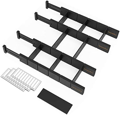 SpaceAid Bamboo Drawer Dividers with Inserts and Labels, Kitchen Adjustable Drawer Organizers, Expandable Organization for Home, Office, Dressers, 4 Dividers with 9 Inserts (17"-22" Black)