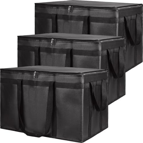 Insulated Food Delivery Bag, XXXL Grocery Cooler Bags, Black, 3-Pack