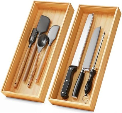 Bamboo Kitchen Drawer Organizer Set of 2, 15" x 6" Stackable Wood Tray