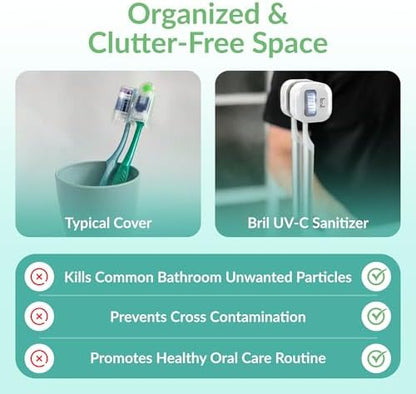 Bril UV-C Toothbrush Sanitizer and Holder – Wall Mounted, Rechargeable, 30-Day Battery, Magnetic Mount, Fits Electric and Manual Brushes, Portable Travel Case, Auto-Shutoff – White