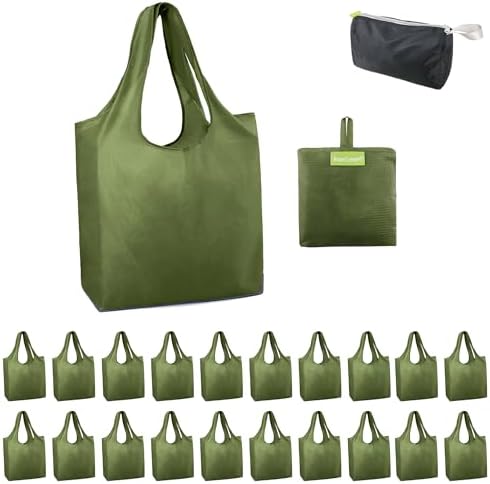 BeeGreen Green Reusable Grocery Bags Wholesale Green Reusable Kitchen Bags Bulk Foldable-Machine Washable with Zipper Storage Pouch 20 Packs