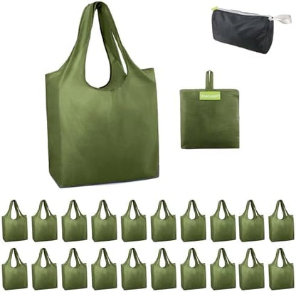 BeeGreen Green Reusable Grocery Bags Wholesale Green Reusable Kitchen Bags Bulk Foldable-Machine Washable with Zipper Storage Pouch 20 Packs