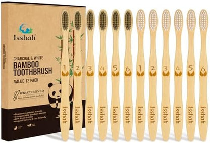 Isshah Biodegradable Bamboo Charcoal Toothbrush - 12 Pack - FSC Certified