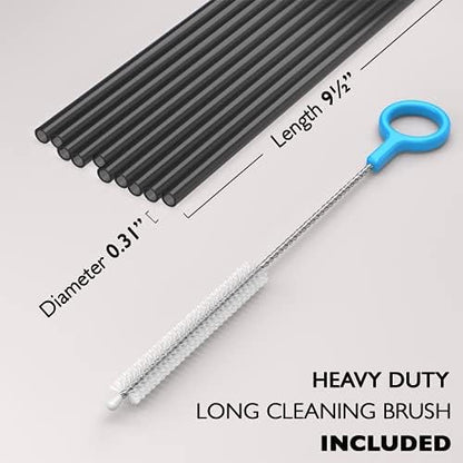 Fiesta First 10 Long Reusable Hard Black Plastic Drinking Straws, Medium Width + Sturdy Cleaning Brush - for Tumblers, Mason Jars, Smoothies and Milkshakes - Dishwasher Safe BPA Free