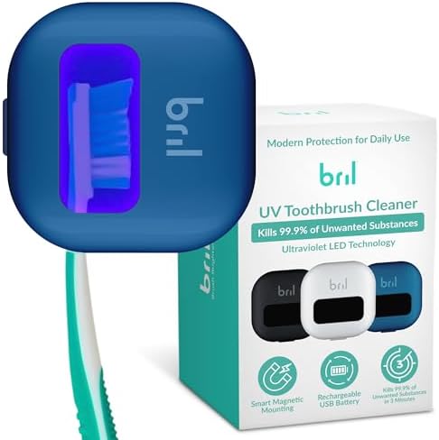 Bril UV-C Toothbrush Sanitizer and Holder – Wall Mounted, Rechargeable, 30-Day Battery, Magnetic Mount, Fits Electric and Manual Brushes, Portable Travel Case, Auto-Shutoff – Navy