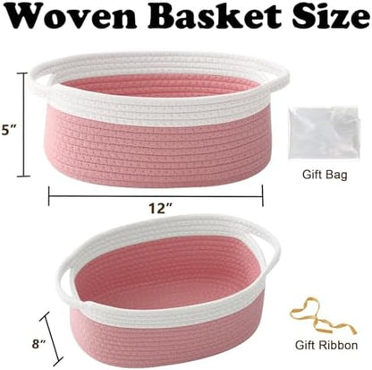 Woven Rope Basket - Baby Gift Basket with Bag & Ribbon, White&Pink