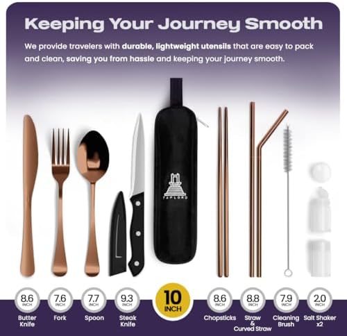 Taplord Portable Travel Silverware Set With Case, Includes 10 Pcs of Travel Utensils With Case, Stainless Steel Flatware Set For Camping, Lightweight (Rose Gold)