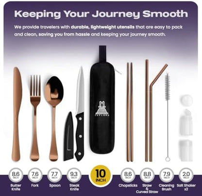 Taplord Portable Travel Silverware Set With Case, Includes 10 Pcs of Travel Utensils With Case, Stainless Steel Flatware Set For Camping, Lightweight (Rose Gold)