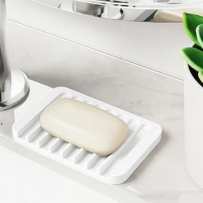 Aoheuo Modern Minimalist Style Soap Dish, Flexible Silicone Drain Soap Holder (White), 4.5" Long 3.2" Wide 0.4" High, Suitable for Kitchen, Bathroom and Bar Sinks