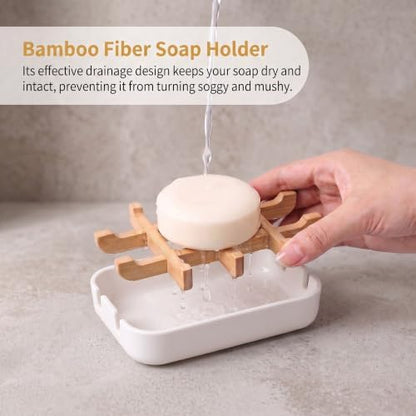Bamboo Fiber Soap Holder and Soap Dish Combination, Removable Drainage Rack Bar Soap Tray for Bathroom Sink Deck, Bathtub, Shower & Kitchen (White, 1 Pack)
