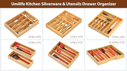 Umilife Bamboo Kitchen Drawer Organizer, 8 Inch Silverware Utensils Tray Holder for Small Drawer, Wood Caddy for Flatware Cutlery Knives